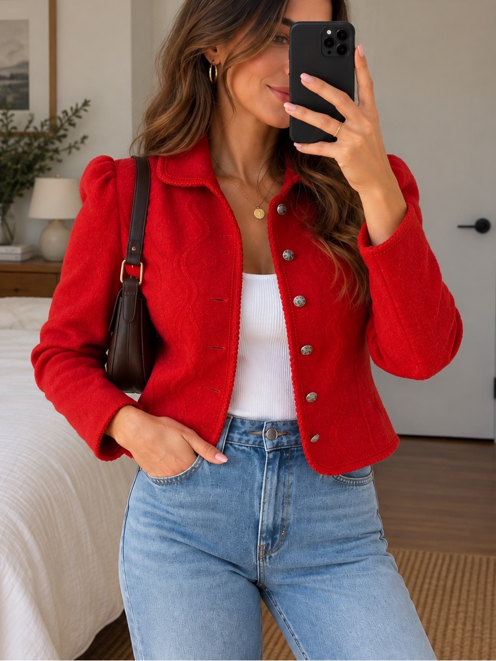 Vintage Red 100% Wool Fitted Jacket Size 6 Puff Sleeve Austrian Style